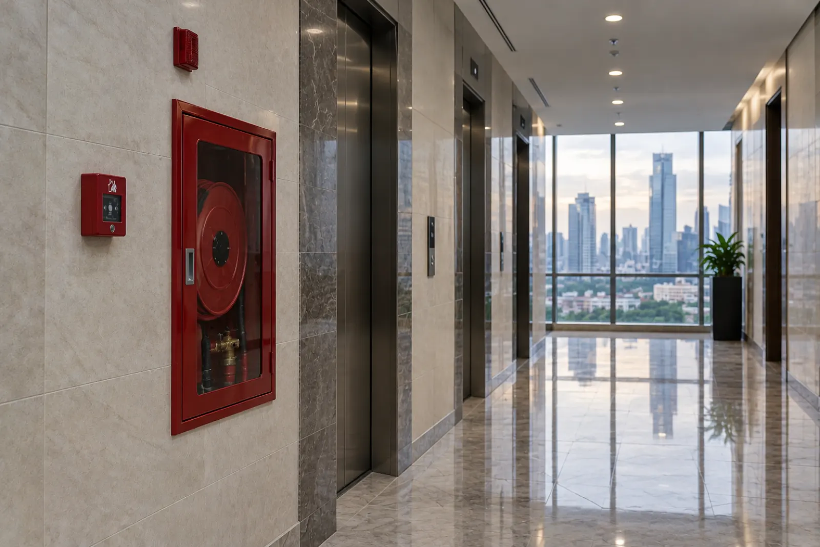 Koridor lift gedung perkantoran dengan kotak hidran merah dan titik panggil manual alarm, dengan pemandangan kota di ujung koridor