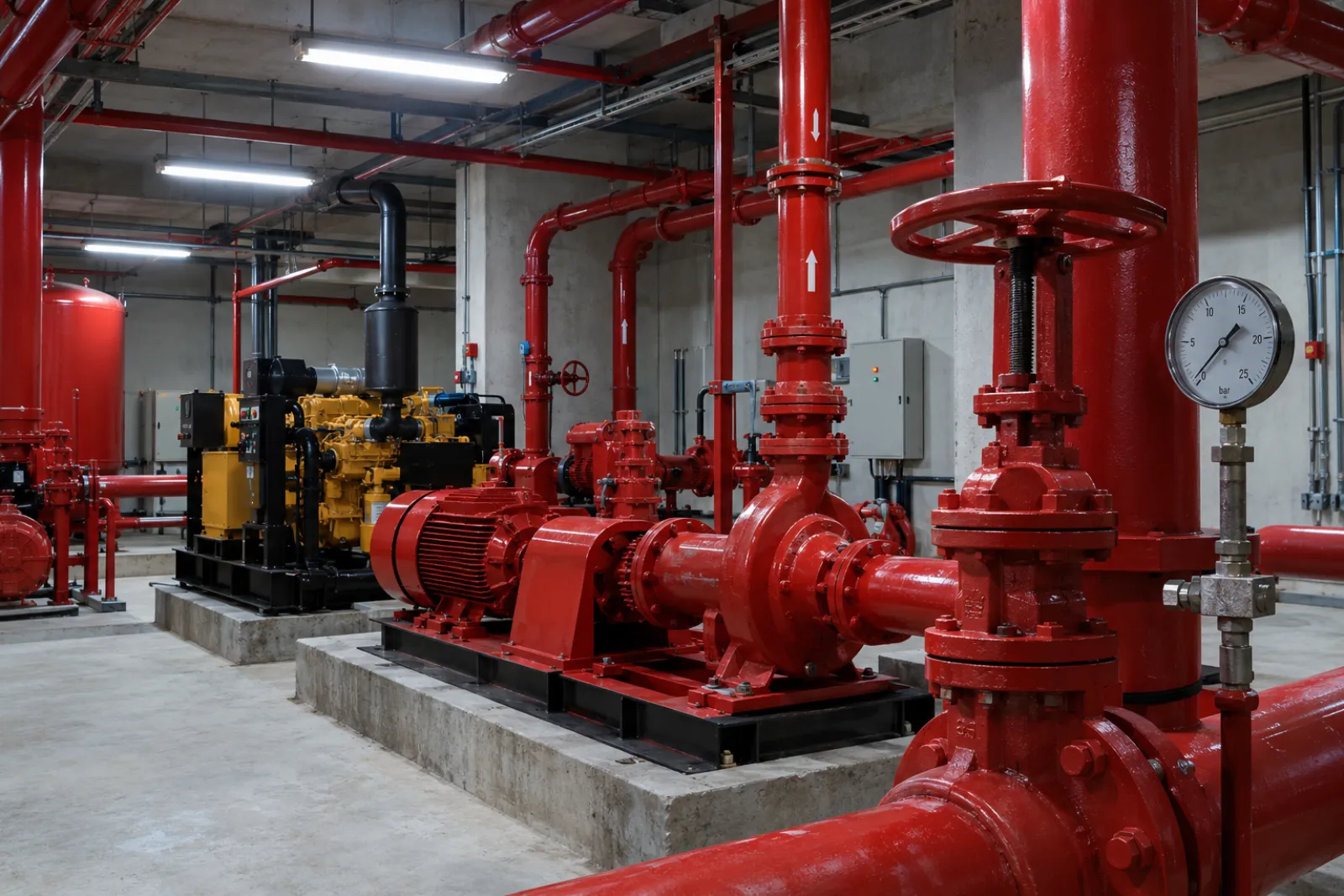 Ruang pompa hidran dengan pompa merah, pompa diesel kuning, katup, dan pengukur tekanan