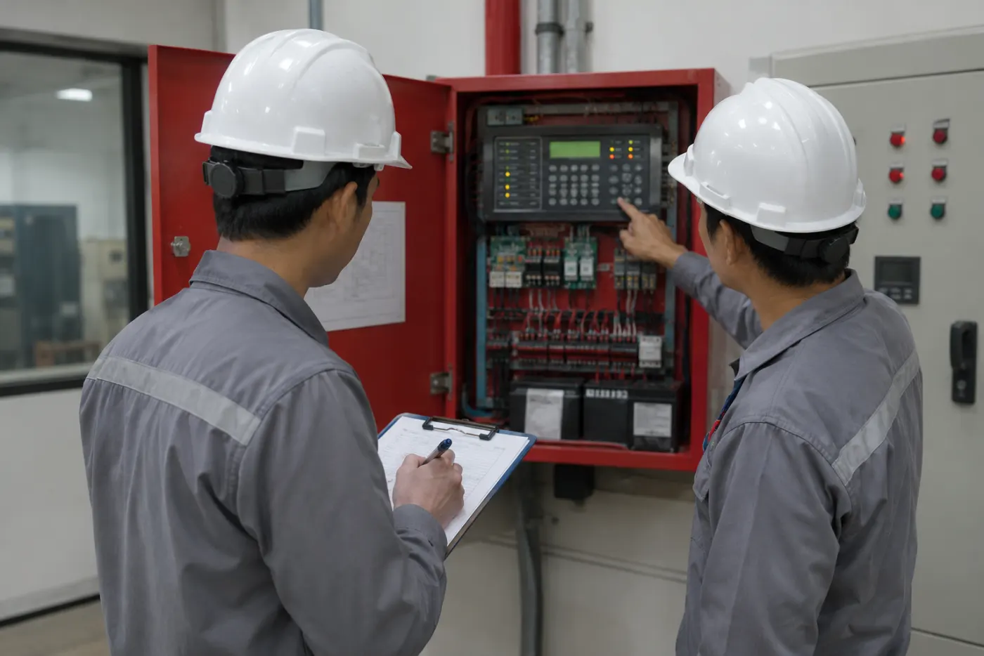 Dua teknisi berhelm putih memeriksa panel alarm kebakaran yang terbuka, salah satunya mencatat di clipboard